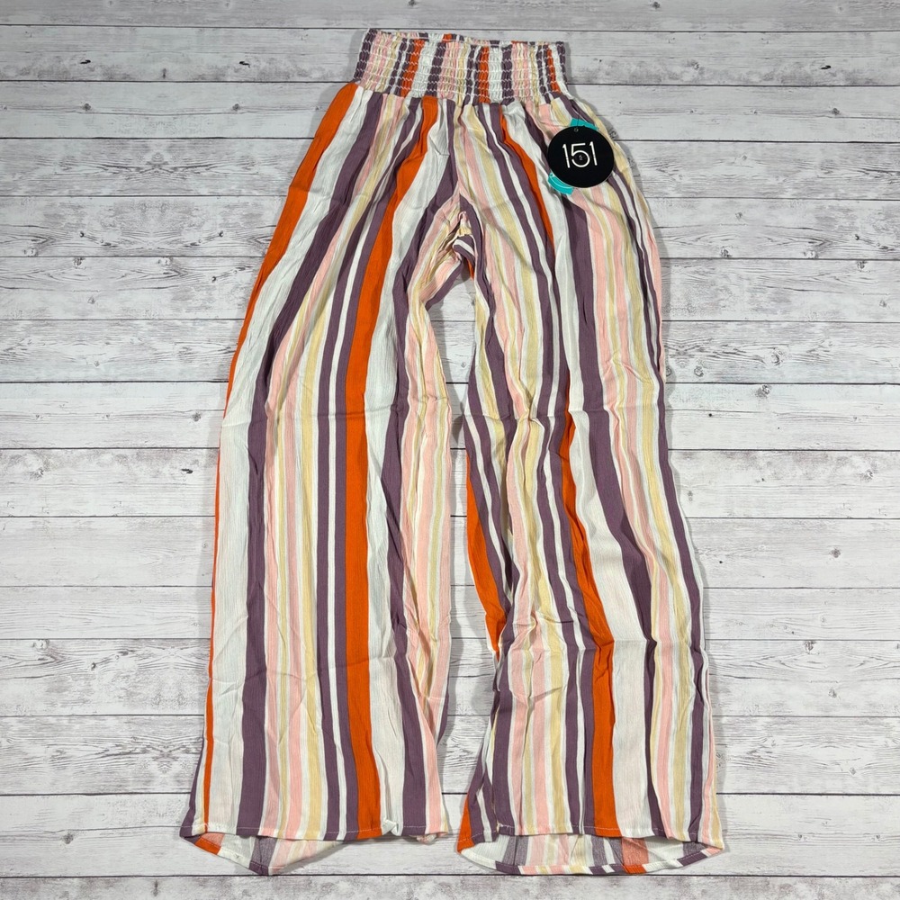 One5One Margery Printed Wide Leg Pants Pink Orange Striped Smocked Waist Small